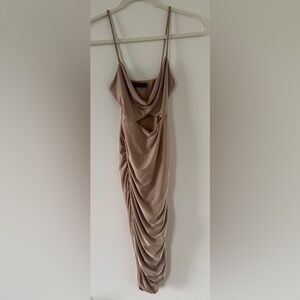 Saints Taupe Ruched Midi Dress Cutout Bodycon Small